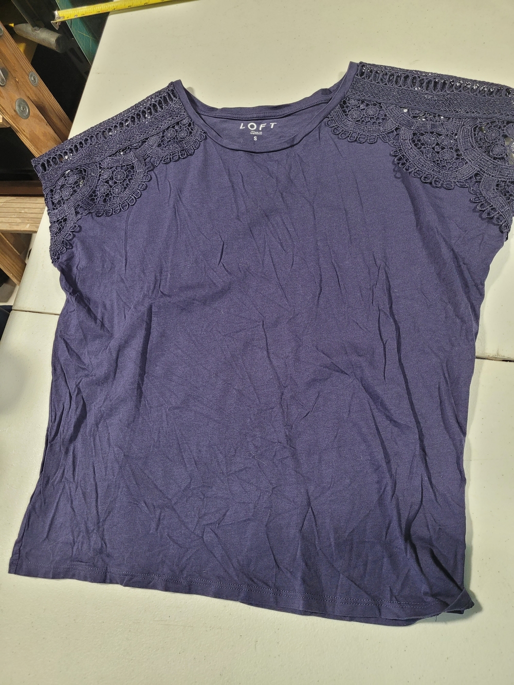 LOFT Navy Short-Sleeve Top with Crochet Shoulder Detail
